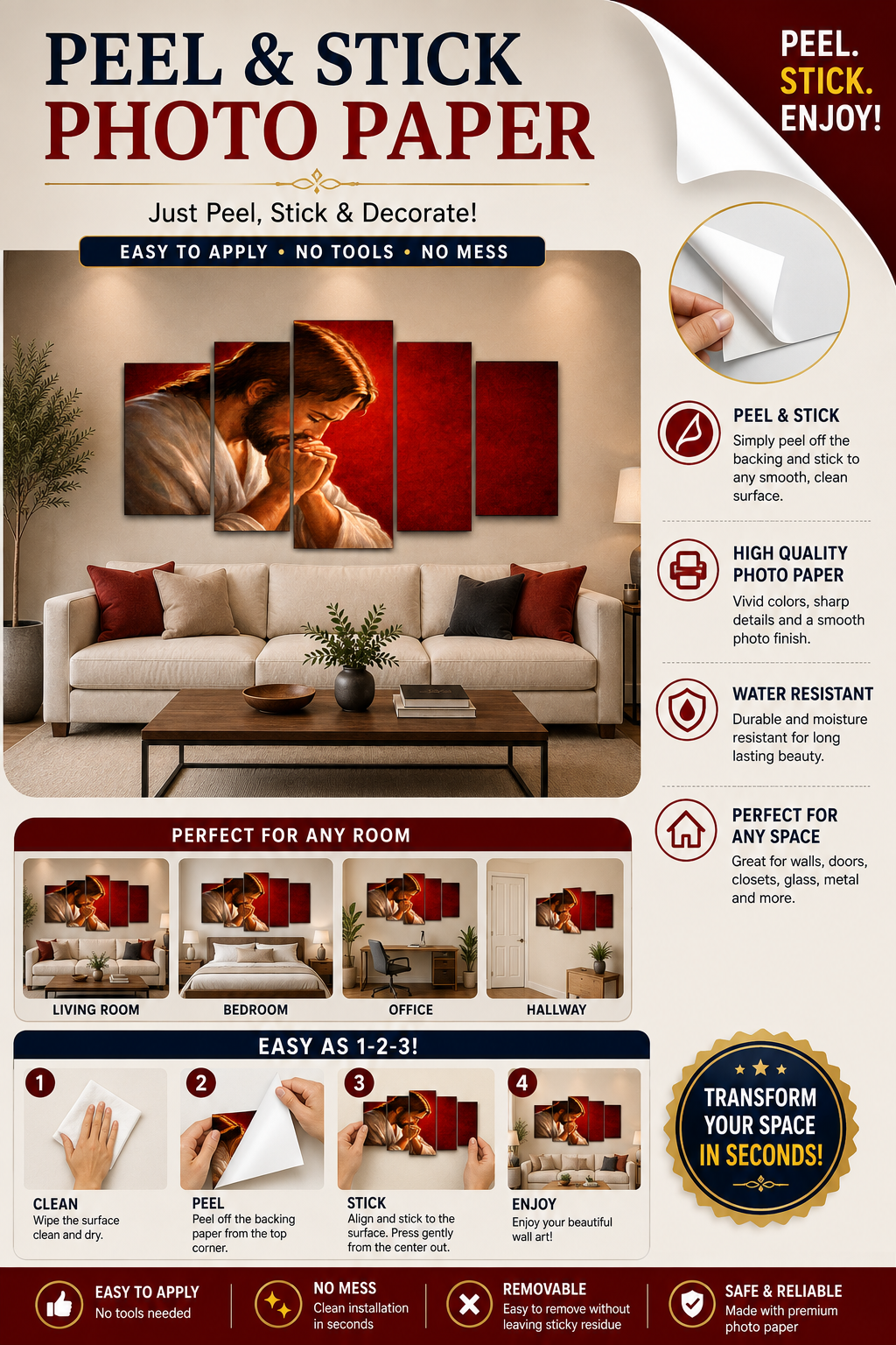 Adhesive Sectional Peel and Stick ስዕለ አድኖ 24"x50"