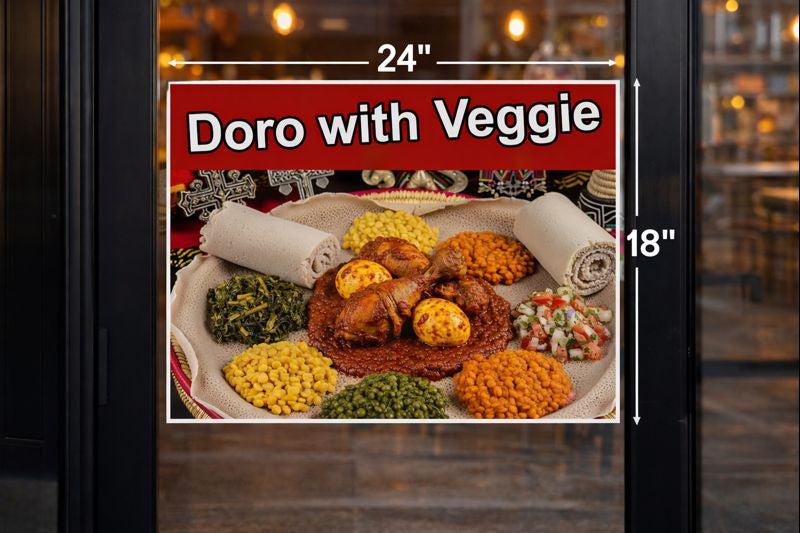 Doro with Veggie Vinyl Decal Window Sticker for Ethiopian Restaurant and Food Truck  (24" x 18")