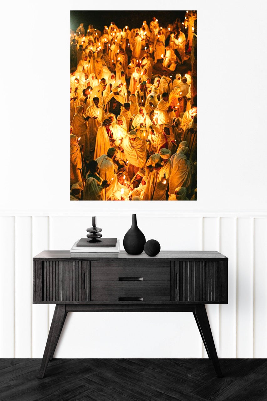 Ethiopian Canvas Wall Art Lalibela Church people with candle