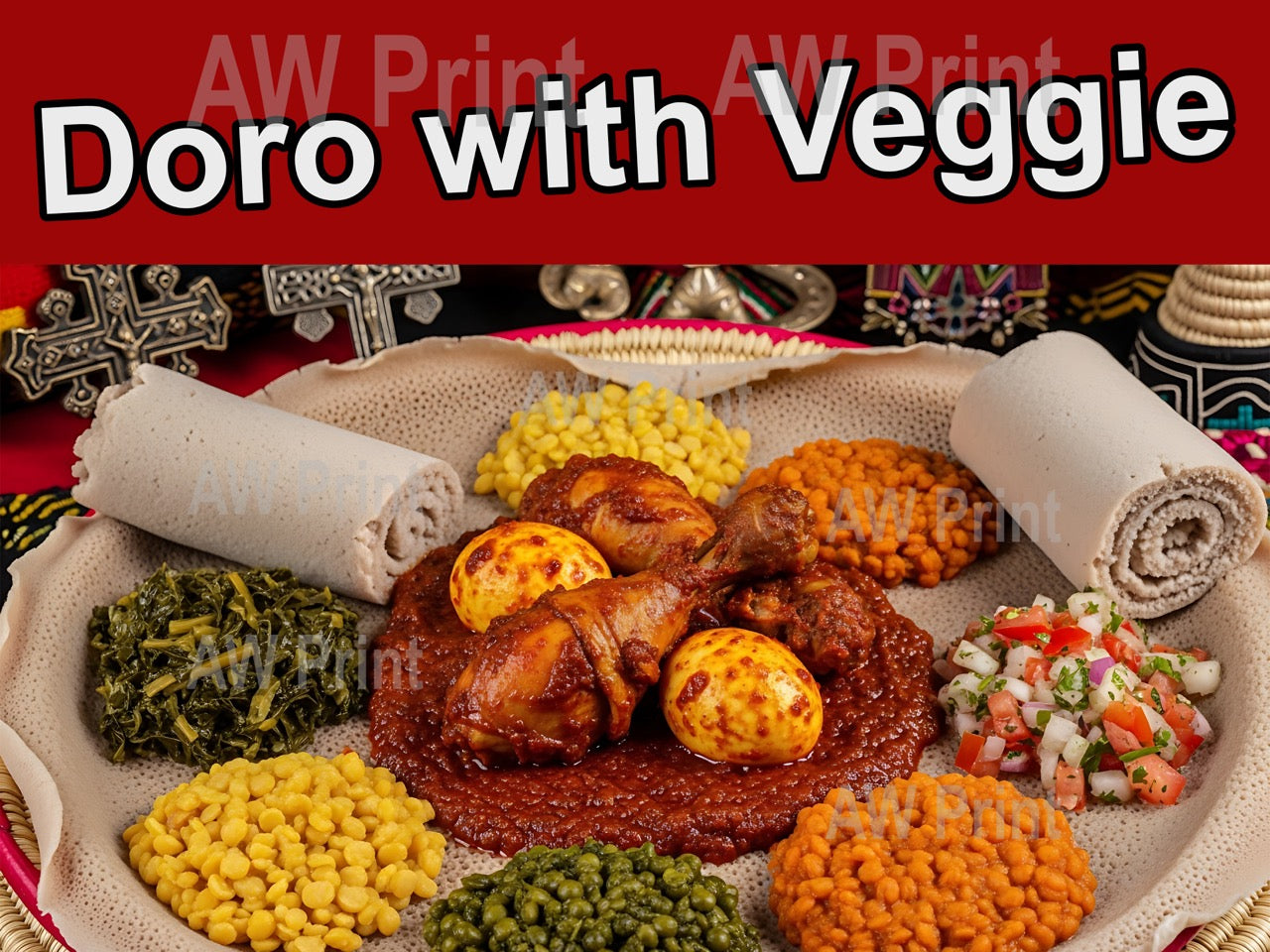 Doro with Veggie Vinyl Decal Window Sticker for Ethiopian Restaurant and Food Truck  (24" x 18")