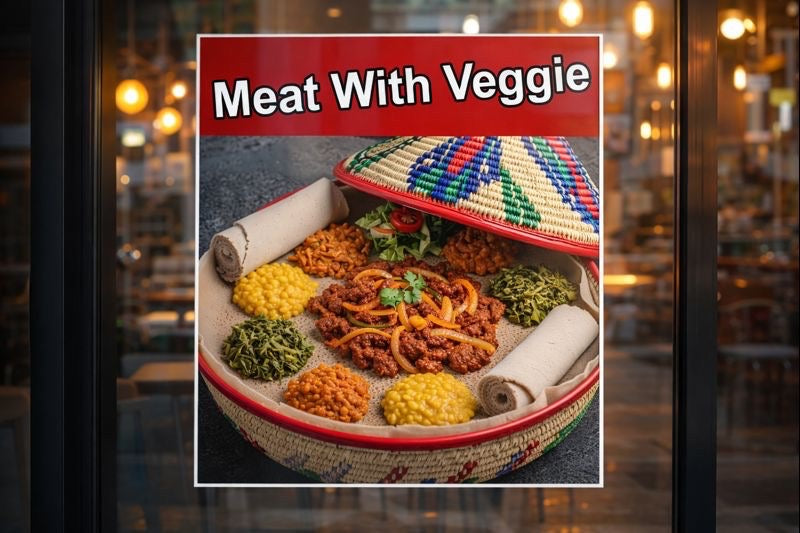 Meat with Veggie Vinyl Decal Window Sticker for Ethiopian Restaurant and Food Truck  (24" x 18")